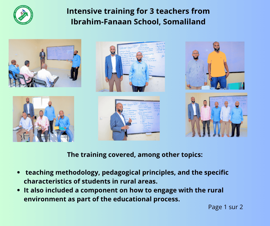 From July 14 to 21, 2025, a training session on learning methodology was held at the Elo-American University campus in Borama for three teachers from the rural Ibrahim-Fanaan School in the village of Buss.  The one-week training was funded by Hiil-San International Rural Development, a non-profit organization based in Ottawa, Canada. Hiil-San supports the village school, which serves around one hundred boys and girls.  The intensive program was led by two university professors, Yusuf Muse Duale and Mohamed Farah Kibar. In addition to pedagogy, the training included a computer literacy component and an introduction to audiovisual tools, enabling the teachers to use the digital equipment provided to the school by Hiil-San.  Among the materials was a USB drive containing 5,100 educational videos covering the entire curriculum from Grade 1 to Grade 8. These resources will serve as valuable support tools for the teachers, while offering students important complementary content alongside their classroom instruction.  Furthermore, with access to this digital and audiovisual material, rural children will have the opportunity to become familiar with modern learning tools.  The week-long training equipped the teachers with new skills and knowledge, which they will begin applying when classes resume in a month.